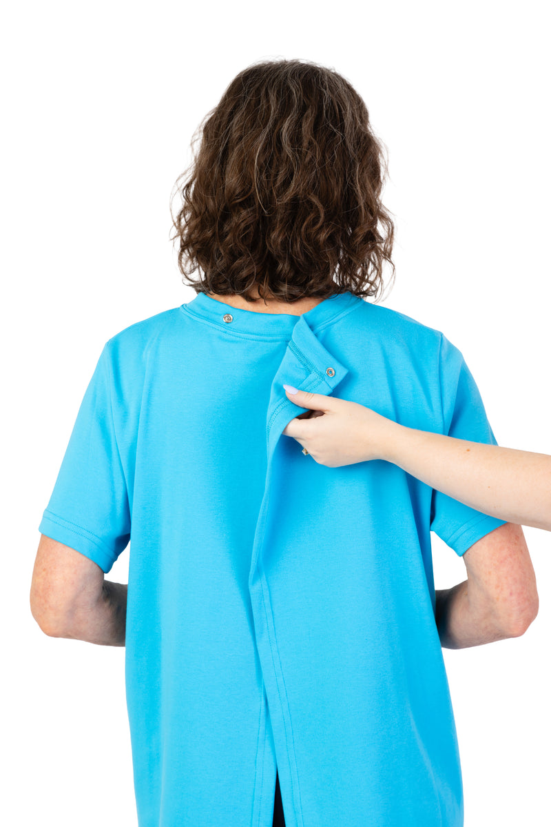 Women's Short Sleeve Wrap Back T-Shirt by Buck & Buck in turquoise, and available in different sizes. This tops item is part of our t-shirts collection.