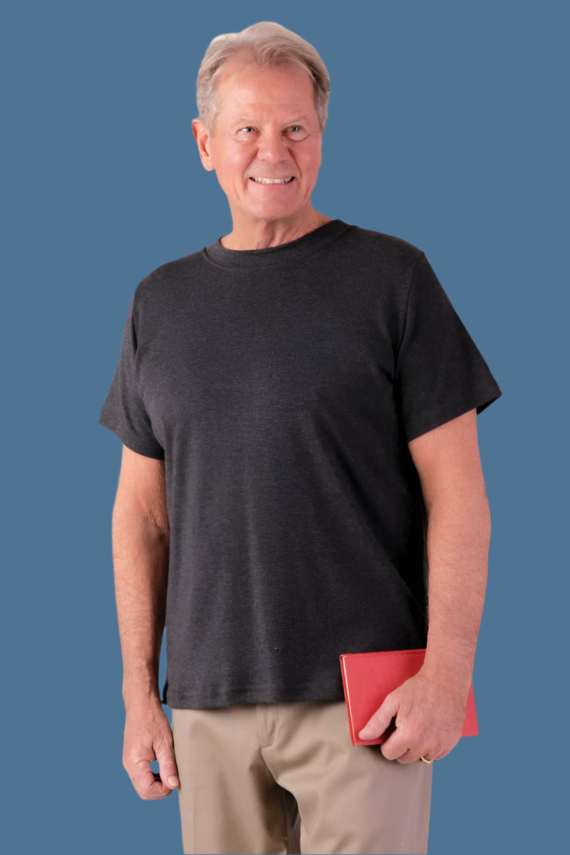 Men's Short Sleeve Wrap Back T-Shirt by Buck & Buck in Charcoal, and available in different sizes. This tops item is part of our t-shirts collection.
