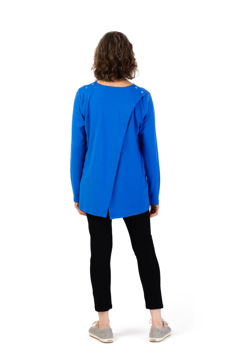 Women’s Long Sleeve Wrap Back T-Shirt + by Buck & Buck in royal, and available in different sizes. This shirt item is part of our tops collection.