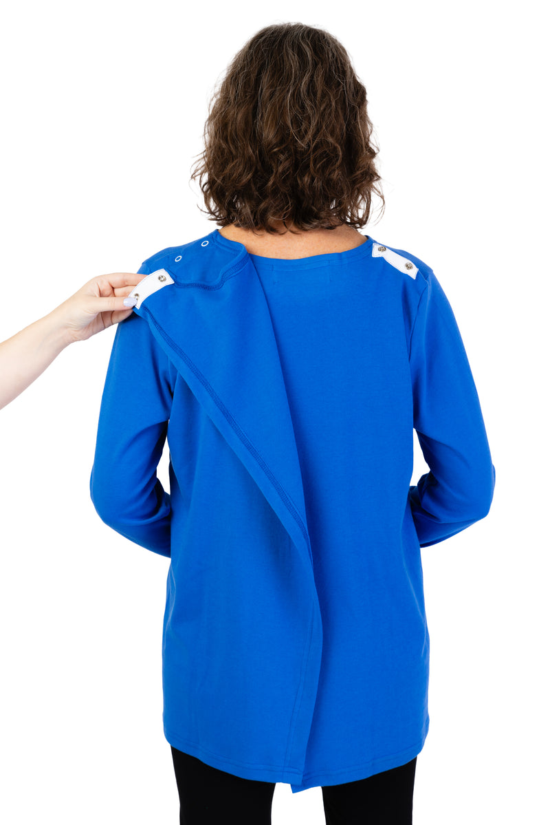 Women’s Long Sleeve Wrap Back T-Shirt + by Buck & Buck in royal, and available in different sizes. This shirt item is part of our tops collection.