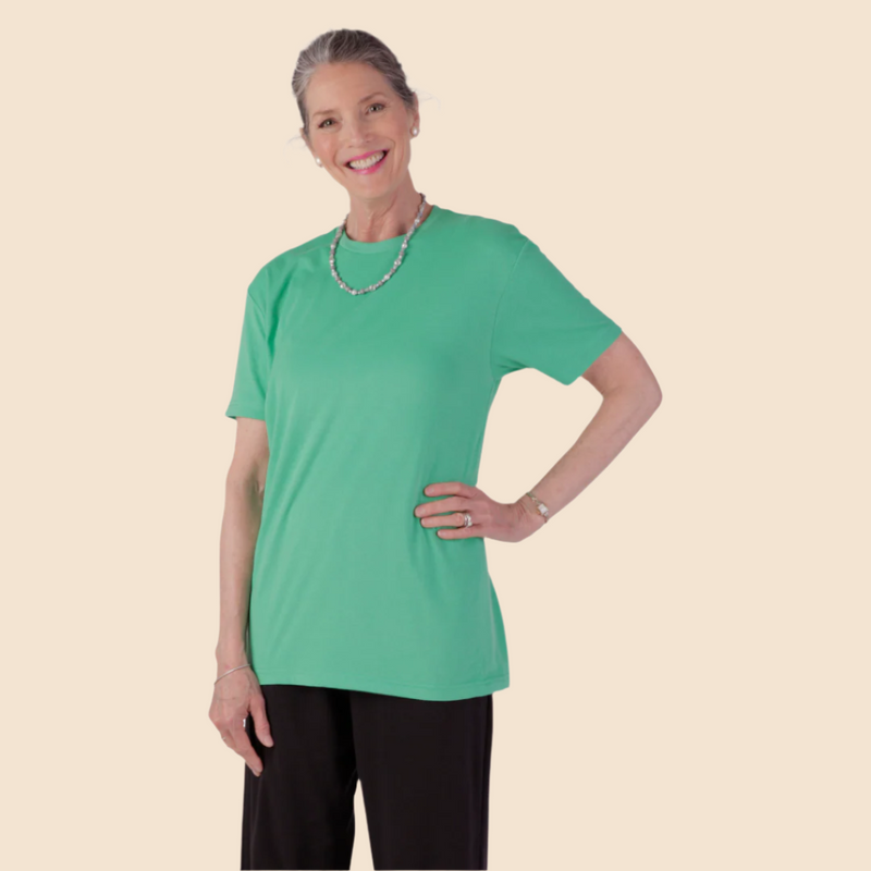 Women's Short Sleeve Solid T-Shirt by Buck & Buck in Jade, and available in different sizes. This tops item is part of our t-shirts collection.