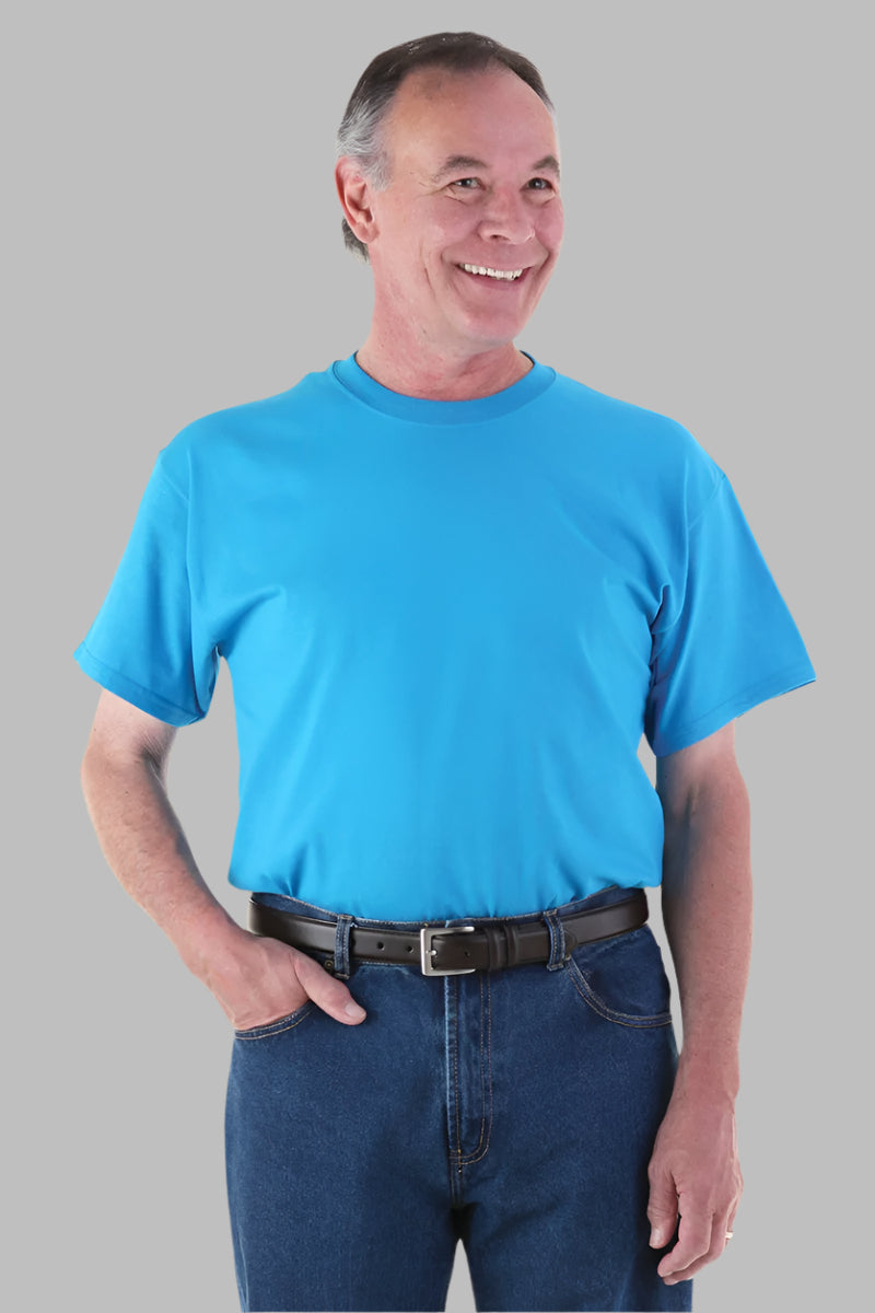 Men's Short Sleeve Solid T-Shirt by Buck & Buck in Medium Blue, and available in different sizes. This tops item is part of our t-shirts collection.