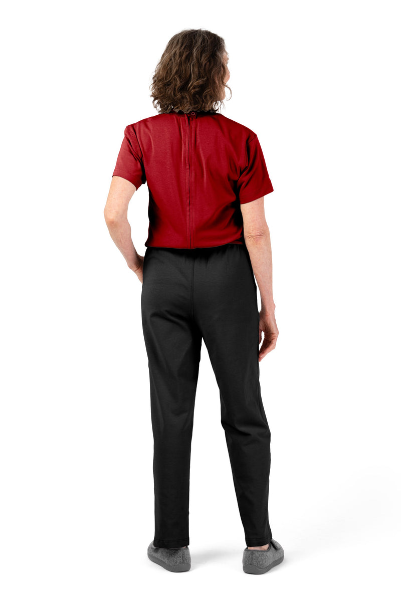 Women's Short Sleeve Jumpsuit by Buck & Buck in Red Top/Black Pants, and available in different sizes. This one-piece garments item is part of our one-pieces collection.