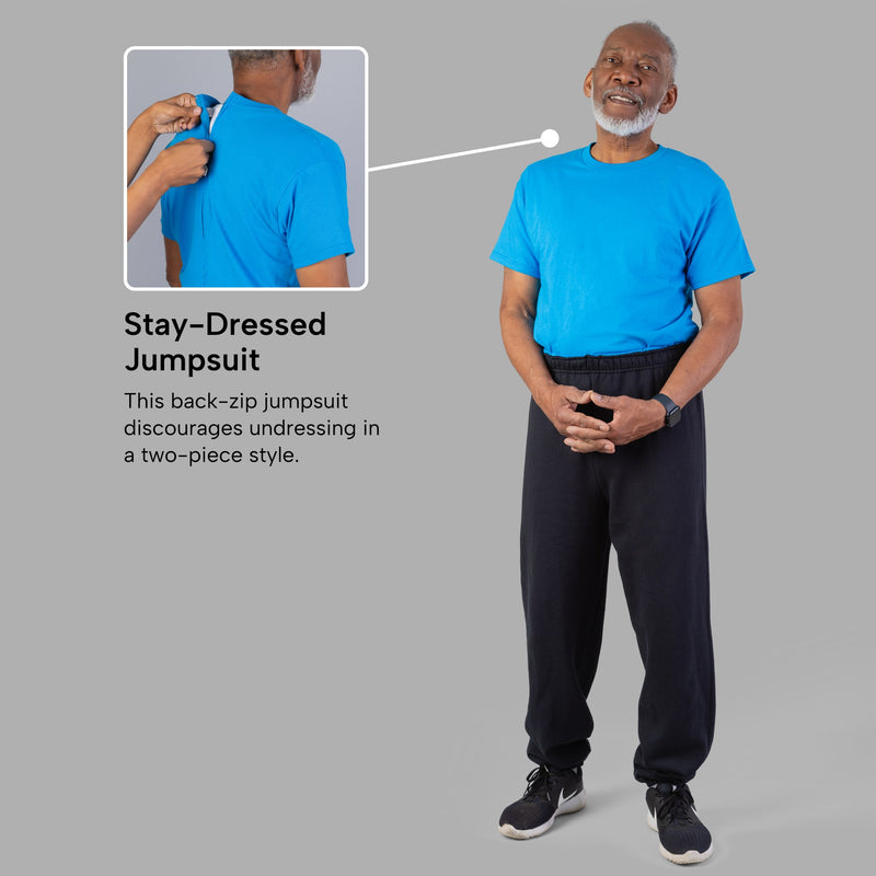 Men's Short Sleeve Basic T-Top Jumpsuit by Buck & Buck in turquoise Top/black Pants, and available in different sizes. This one-piece garments item is part of our one-pieces collection