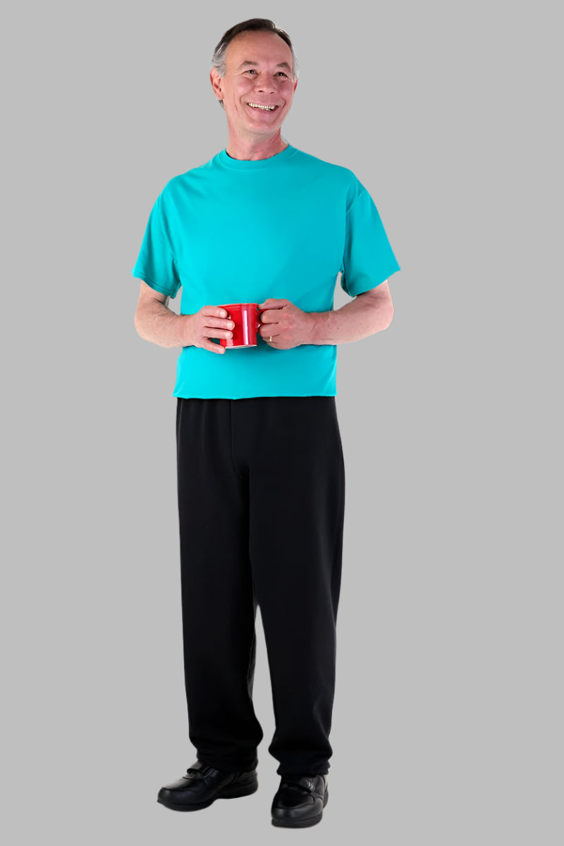 Men's Short Sleeve Basic T-Top Jumpsuit by Buck & Buck in Turquoise Top/Black Pants, and available in different sizes. This one-piece garments item is part of our one-pieces collection.