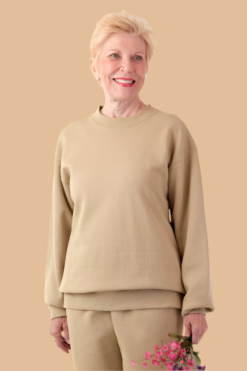 Women's Basic Wrap Back Sweat Top by Buck & Buck in Khaki, and available in different sizes. This tops item is part of our sweatshirts collection.