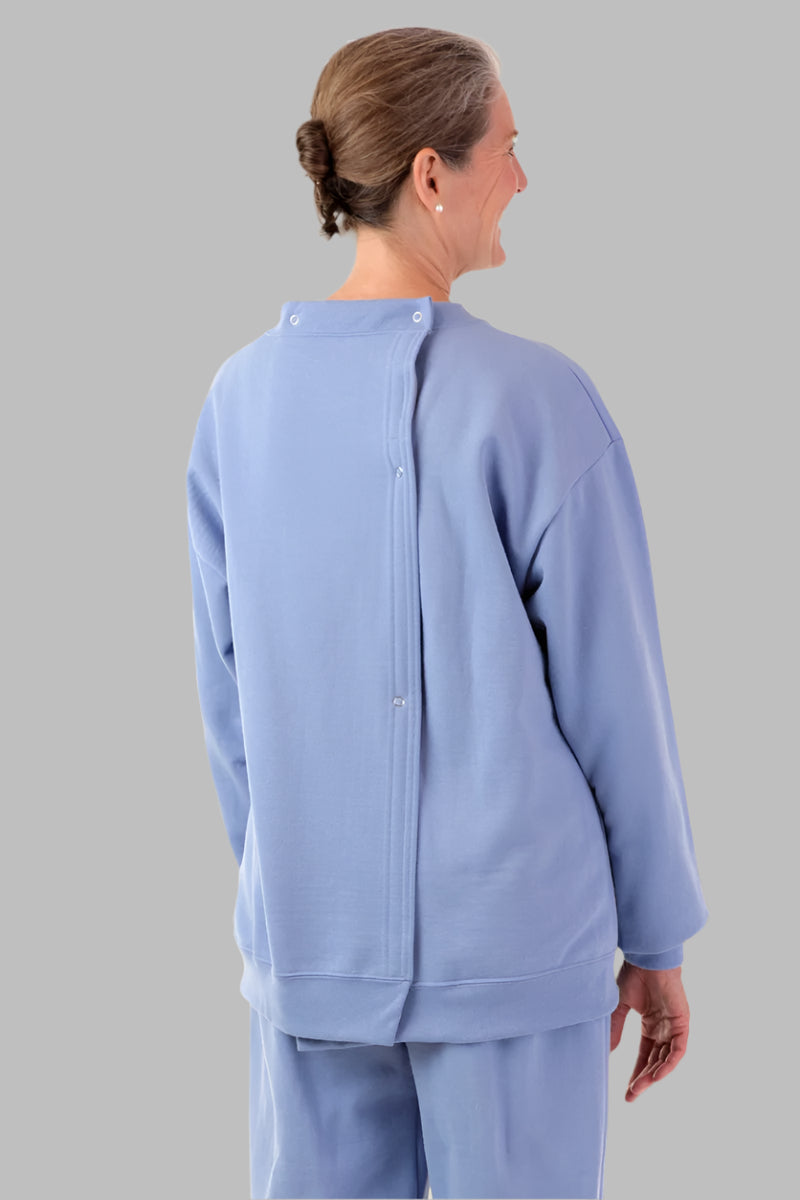 Women's Basic Wrap Back Sweat Top by Buck & Buck in Medium Blue, and available in different sizes. This tops item is part of our sweatshirts collection.