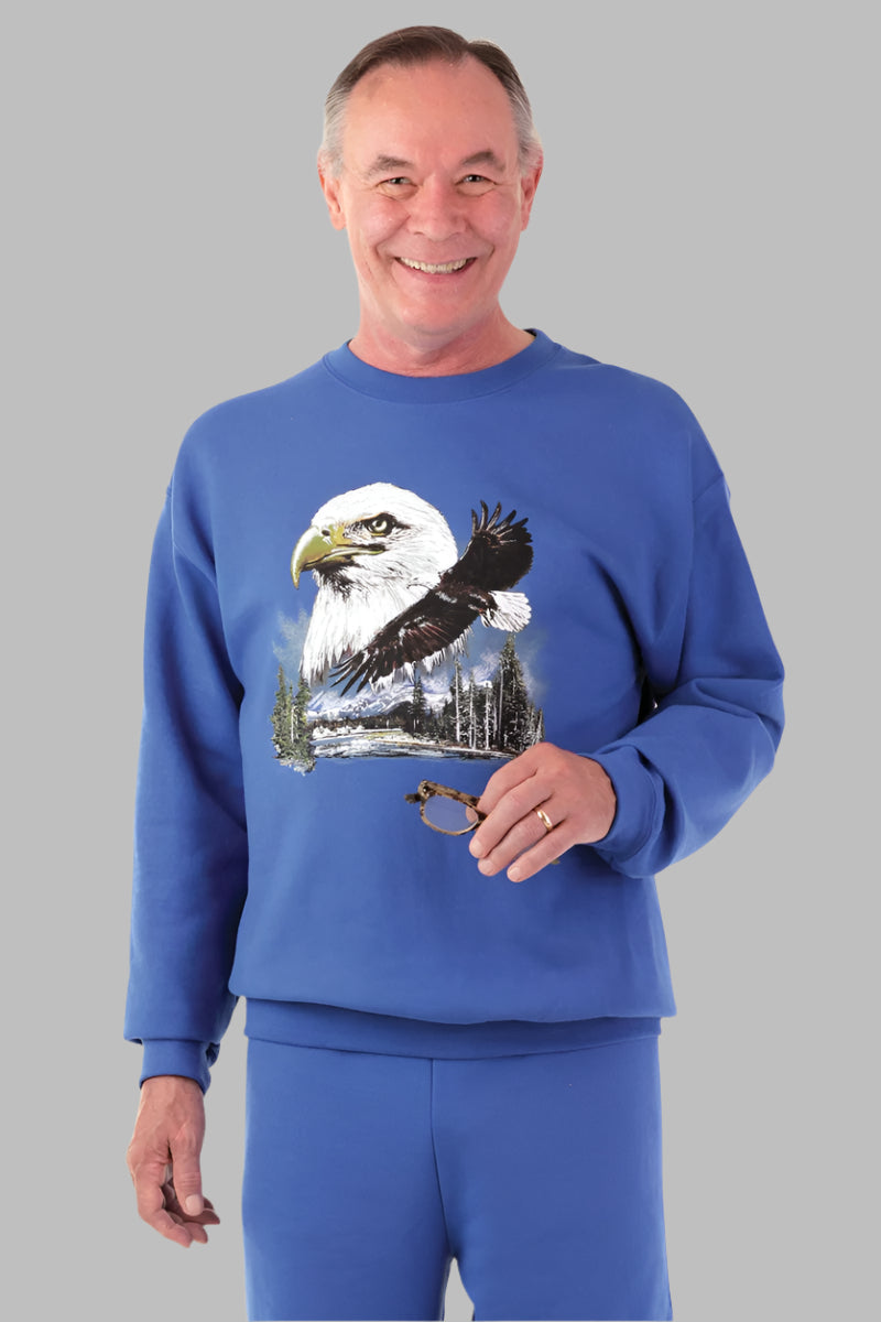 Men's Printed Snap Back Sweat Top by Buck & Buck in Royal, and available in different sizes. This tops item is part of our sweatshirts collection.