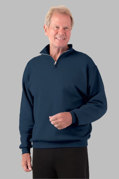 Men's Quarter Zip Sweat Top by Buck & Buck in Navy, and available in different sizes. This tops item is part of our sweatshirts collection.