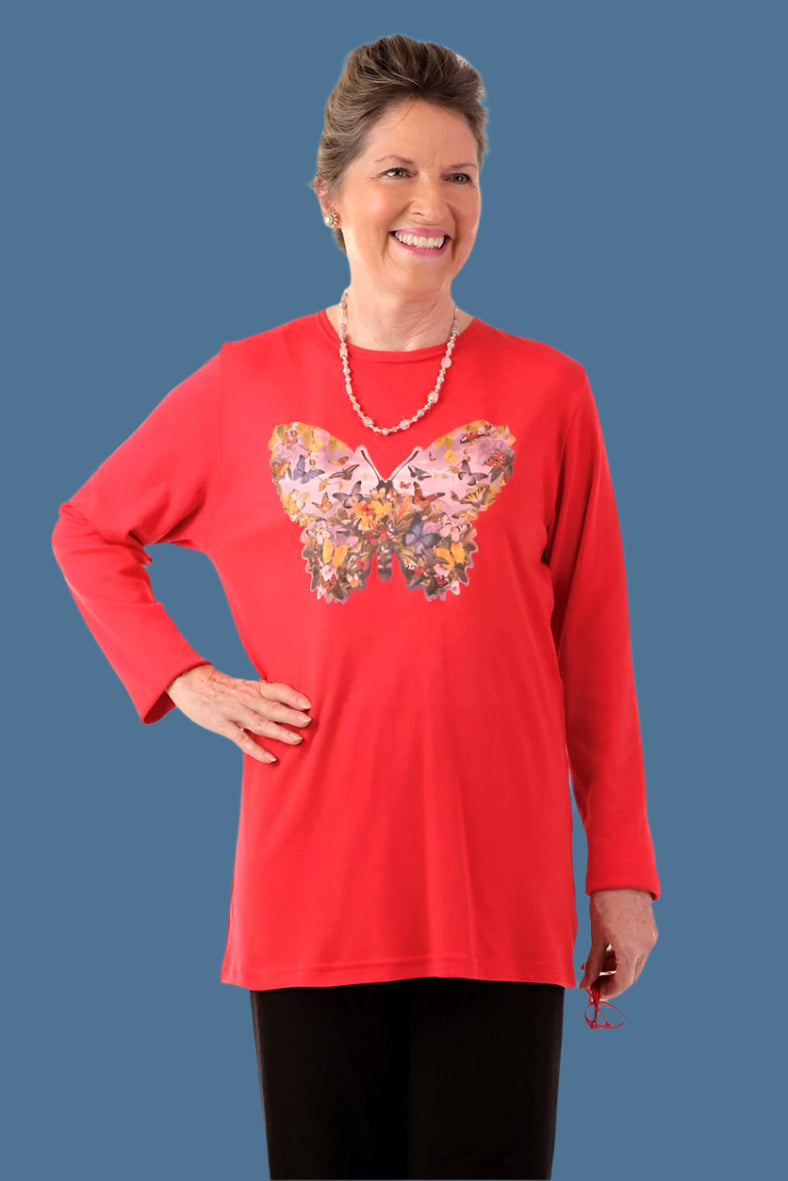 Long Sleeve Printed Wrap Back T-Shirt for women by Buck & Buck in Red, and available in different sizes. This tops item is part of our t-shirts collection.