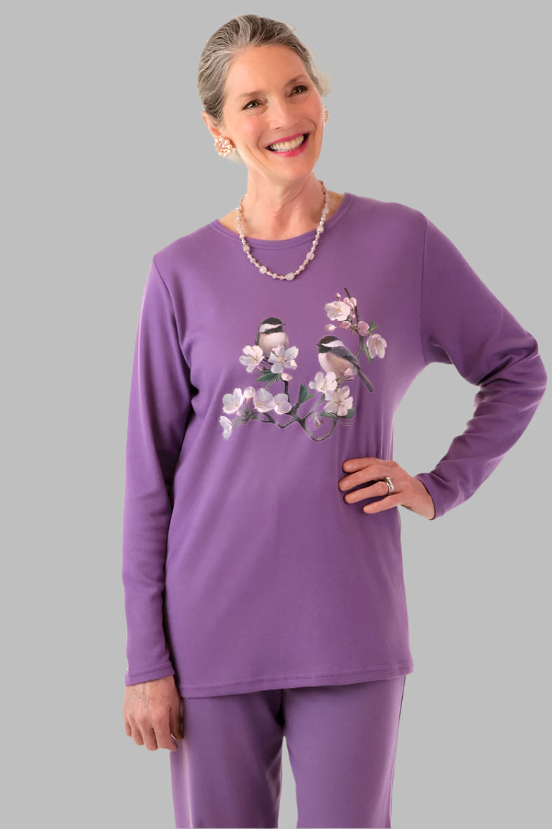 Long Sleeve Printed Wrap Back T-Shirt for women by Buck & Buck in Purple, and available in different sizes. This tops item is part of our t-shirts collection.