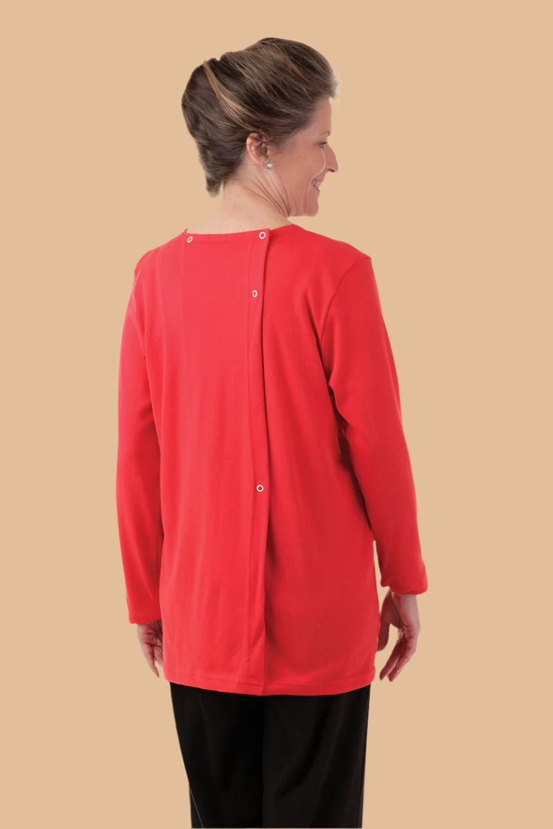 Long Sleeve Printed Wrap Back T-Shirt for women by Buck & Buck in Red, and available in different sizes. This tops item is part of our t-shirts collection.
