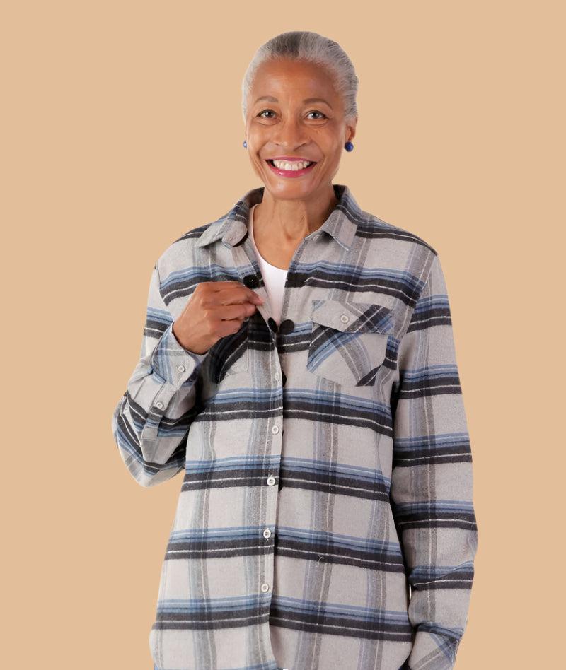 Women's Flannel Shirt With VELCRO® Fasteners at Front by Buck & Buck in Gray, and available in different sizes. This tops item is part of our shirts collection.