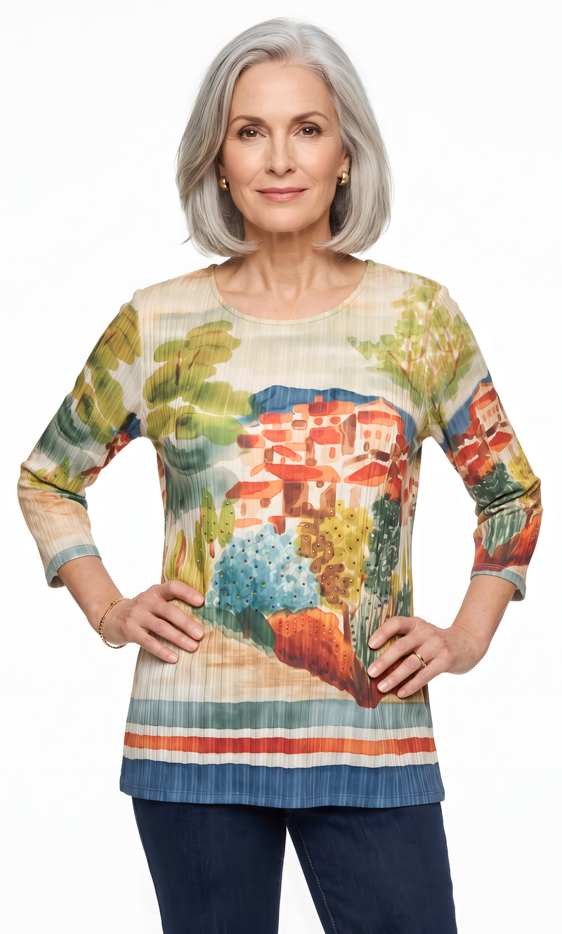 The women's everyday knit top  by Alfred Dunner in Tuscany and available in different sizes. This top is part of our women's blouses  collection.
