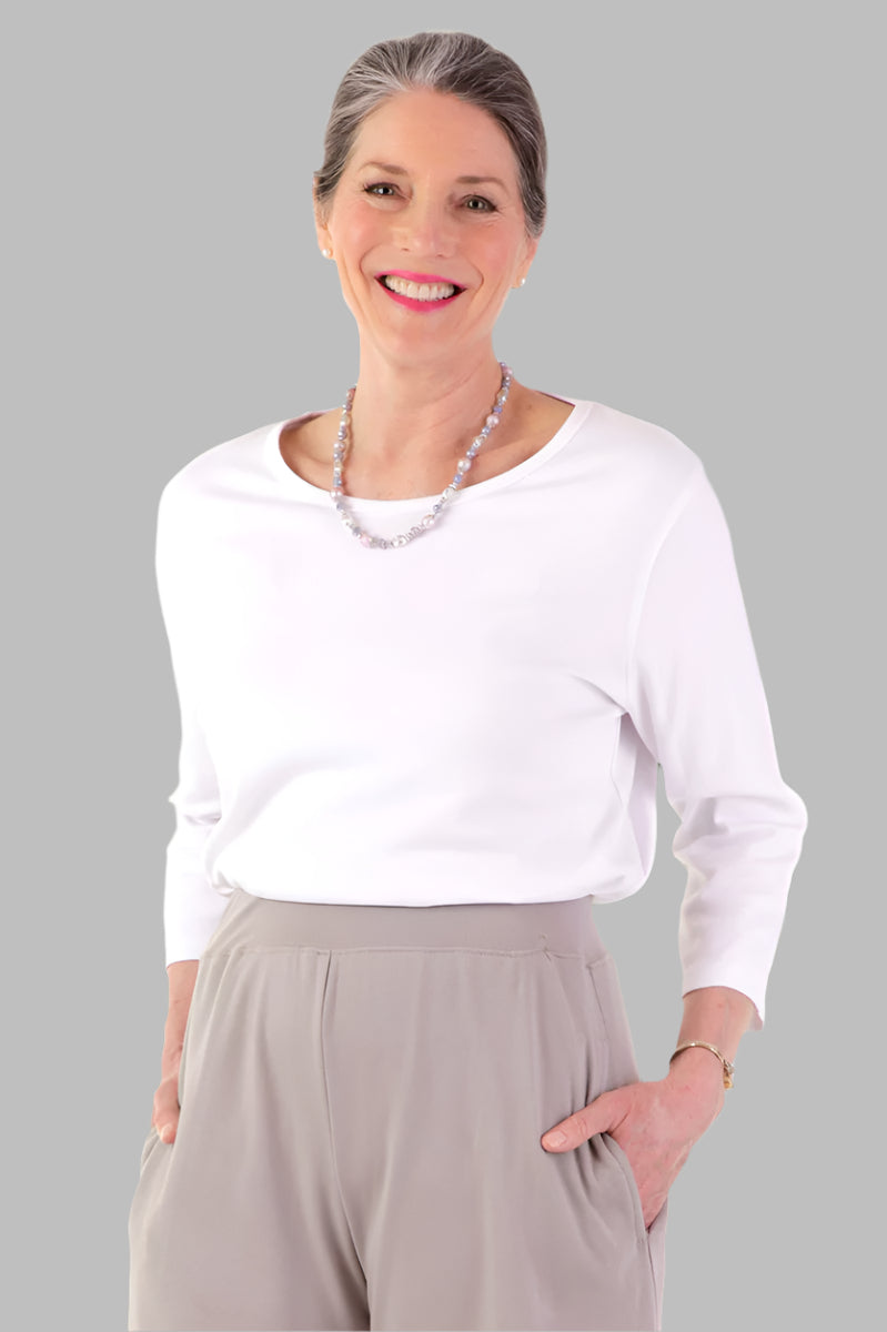 3/4 Sleeve Scoop Neck Top for women by Buck & Buck in White, and available in different sizes. This tops item is part of our blouses collection.