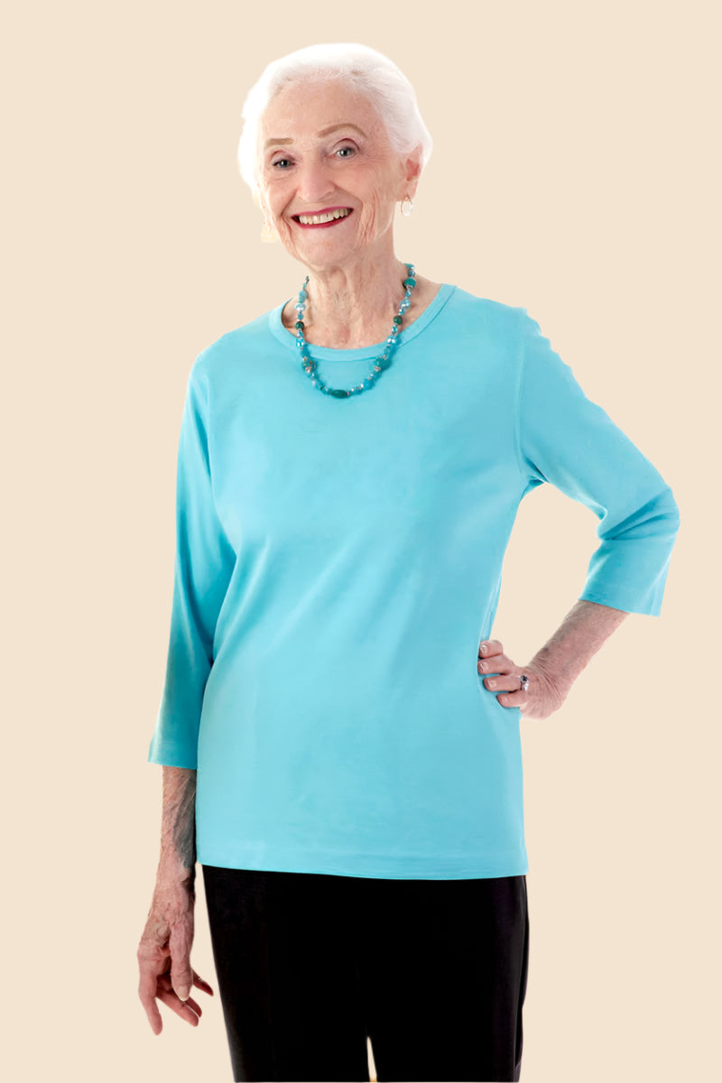 3/4 Sleeve Scoop Neck Top for women by Buck & Buck, and available in different sizes. This tops item is part of our blouses collection.