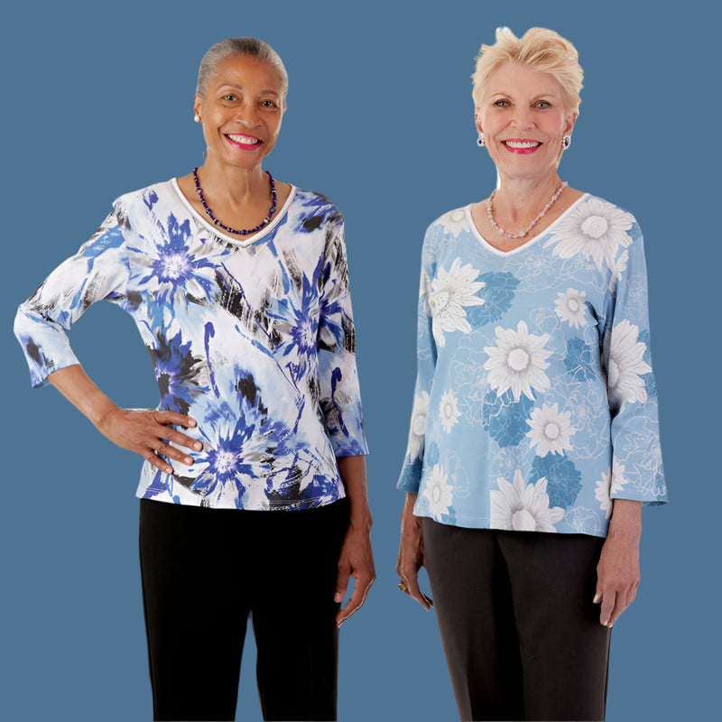 Snap Back Block Printed Knit Top for women by Buck & Buck in Blue, and available in different sizes. This tops item is part of our blouses collection.