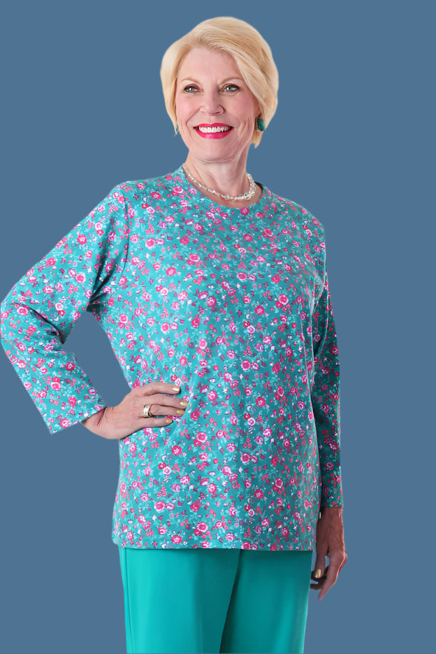 Long Sleeve Wrap Back Printed Knit Top for women by Buck & Buck in Blue, and available in different sizes. This tops item is part of our tunics collection.