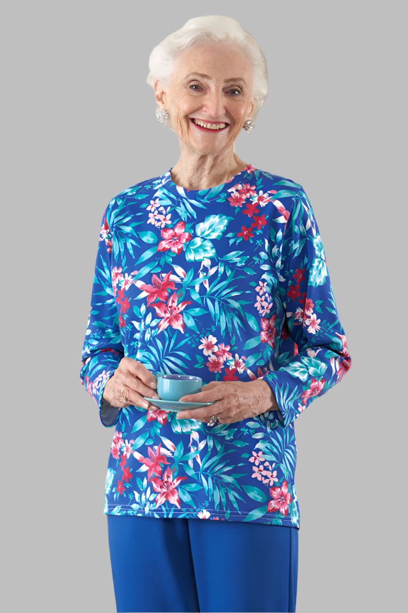 Long Sleeve Wrap Back Printed Knit Top for women by Buck & Buck in Navy, and available in different sizes. This tops item is part of our tunics collection.