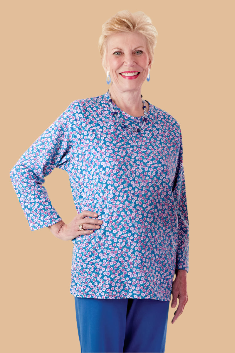 Long Sleeve Wrap Back Printed Knit Top for women by Buck & Buck in Navy, and available in different sizes. This tops item is part of our tunics collection.