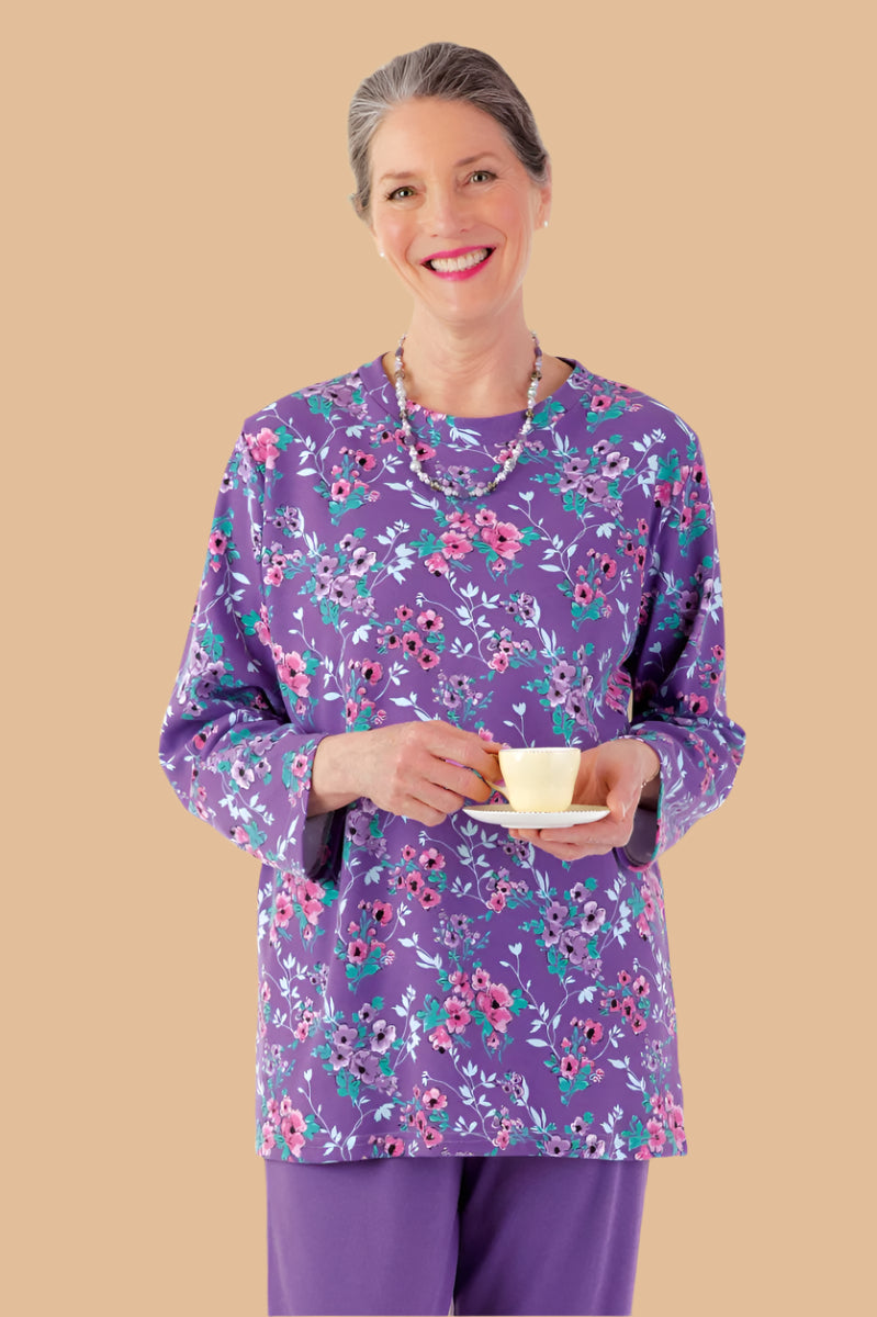 Long Sleeve Wrap Back Printed Knit Top for women by Buck & Buck in Purple, and available in different sizes. This tops item is part of our tunics collection.