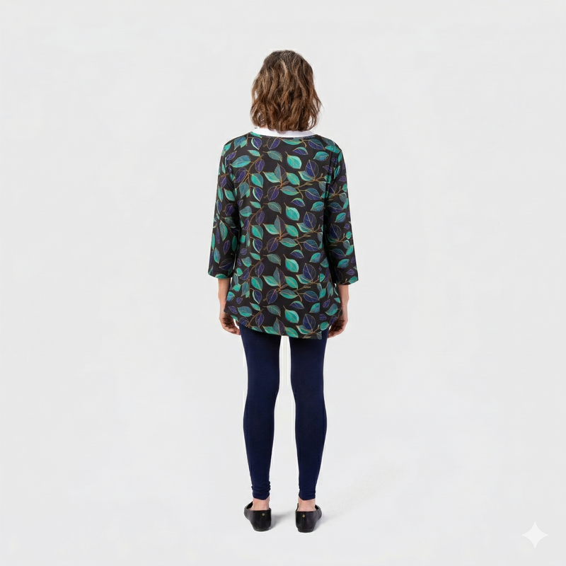 Women's Wrap Back Tunic by Buck & Buck in turquoise leaves, and available in different sizes. This wrap back item is part of our tops collection.