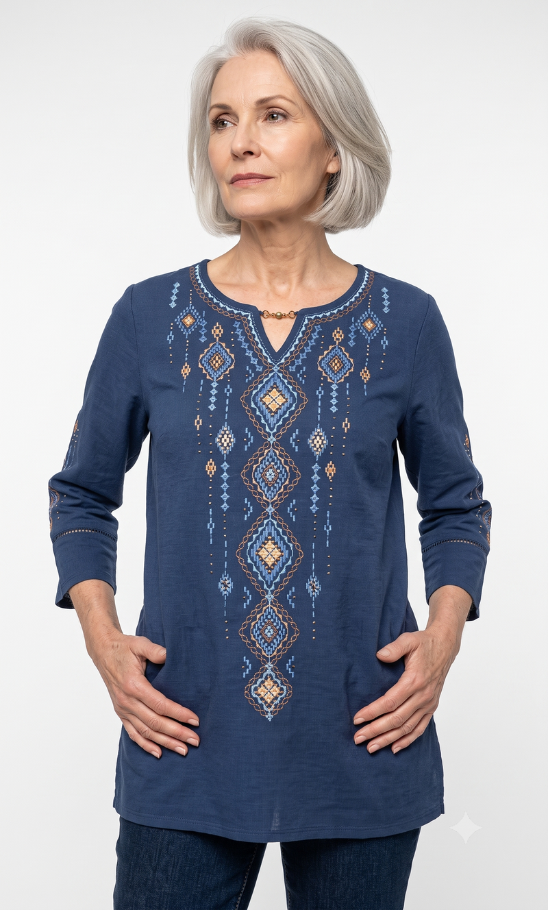 Women’s Detail Easy Fit Top by Alfred Dunner in Aztec, and available in different sizes. This top item is part of our blouses collection.