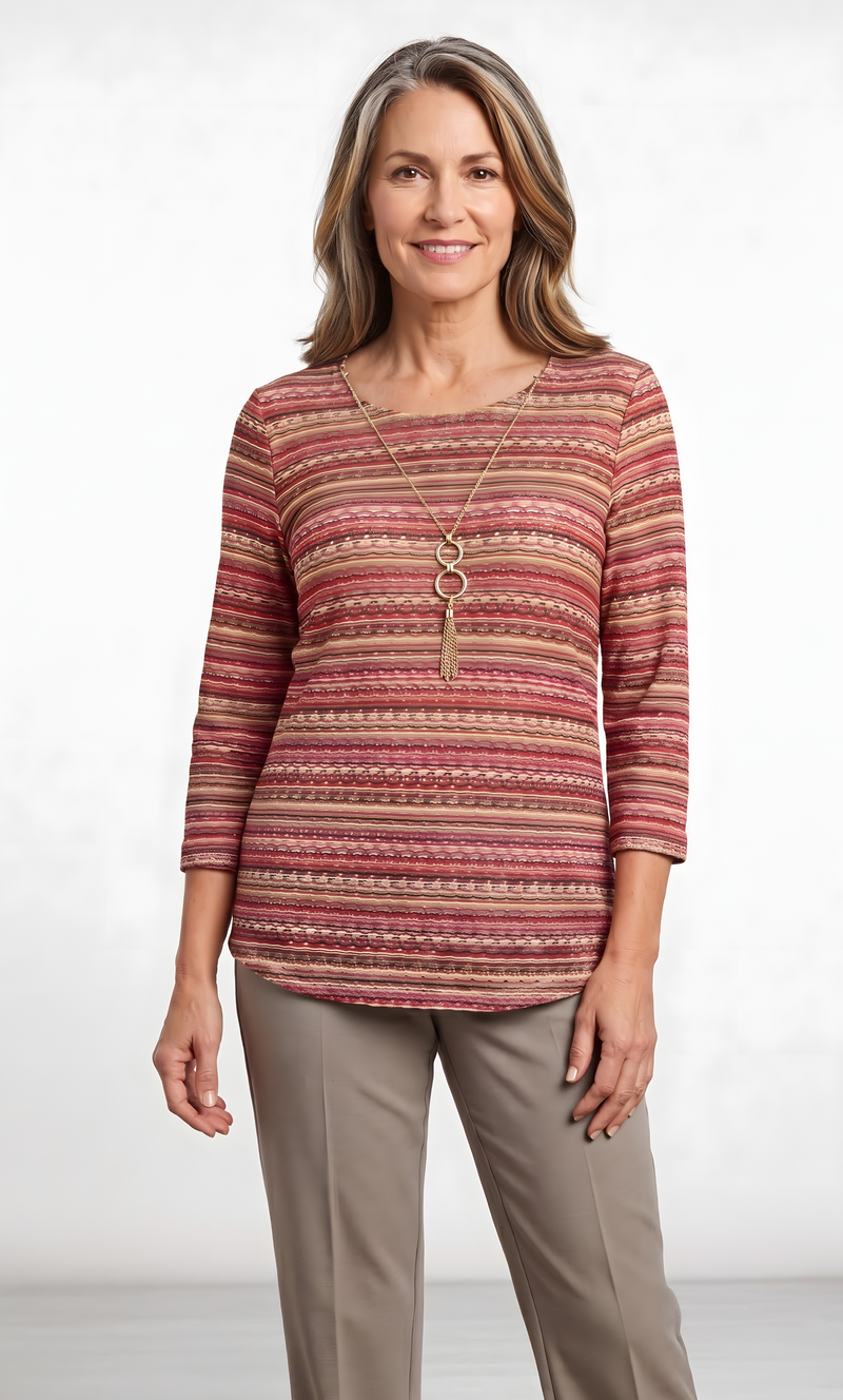 Women’s Detail Easy Fit Top by Alfred Dunner in red, and available in different sizes. This top item is part of our blouses collection.