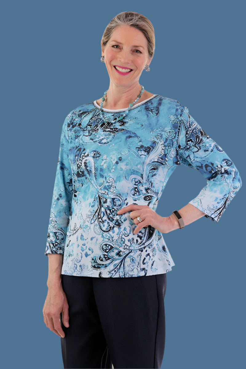 Block Print Knit Top for women by Buck & Buck in Blue, and available in different sizes. This tops item is part of our t-shirts collection.