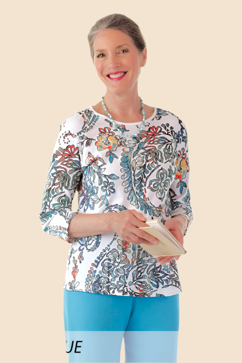 Block Print Knit Top for women by Buck & Buck in White, and available in different sizes. This tops item is part of our t-shirts collection.