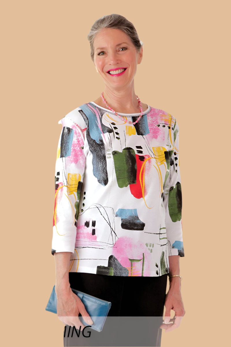 Block Print Knit Top for women by Buck & Buck in White, and available in different sizes. This tops item is part of our t-shirts collection.