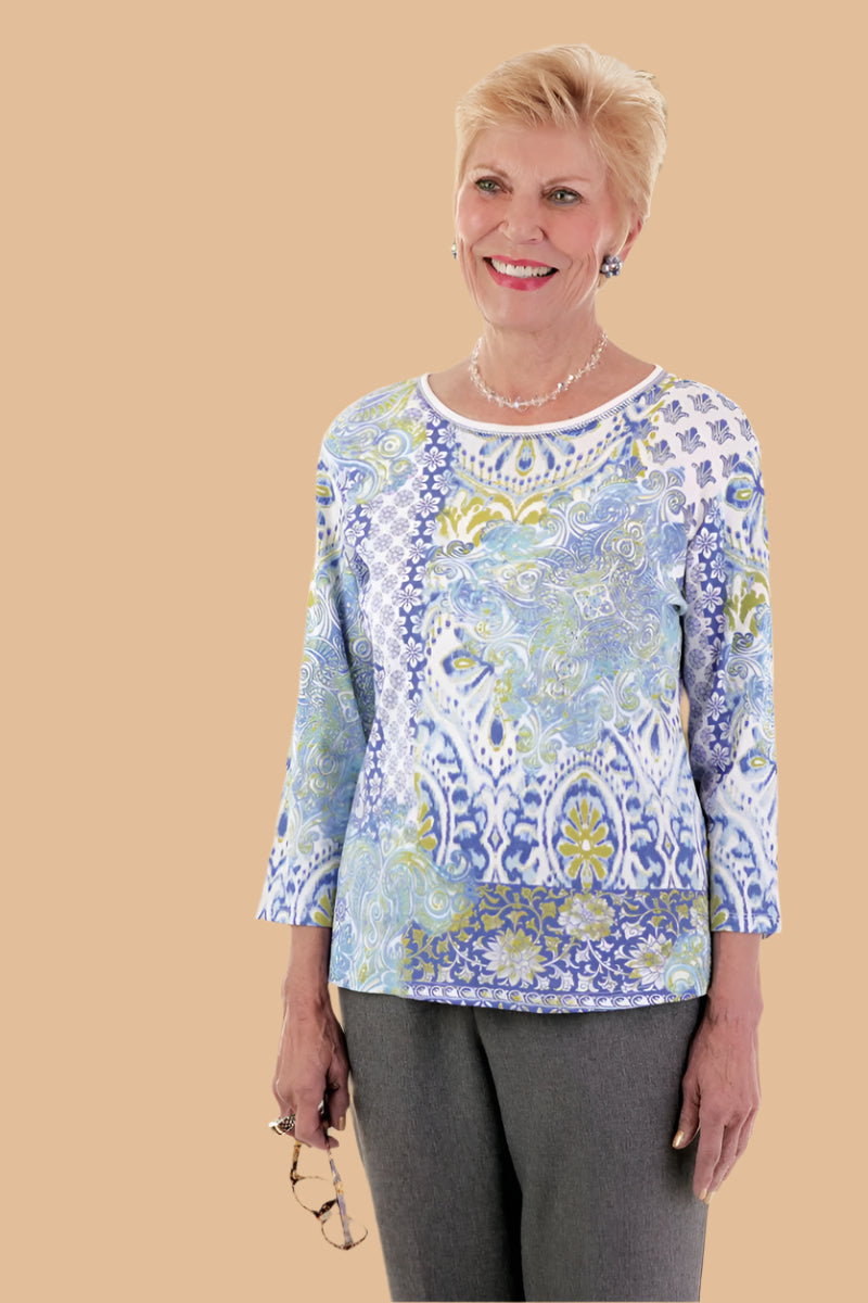 Block Print Knit Top for women by Buck & Buck in Tan/Beige, and available in different sizes. This tops item is part of our t-shirts collection.