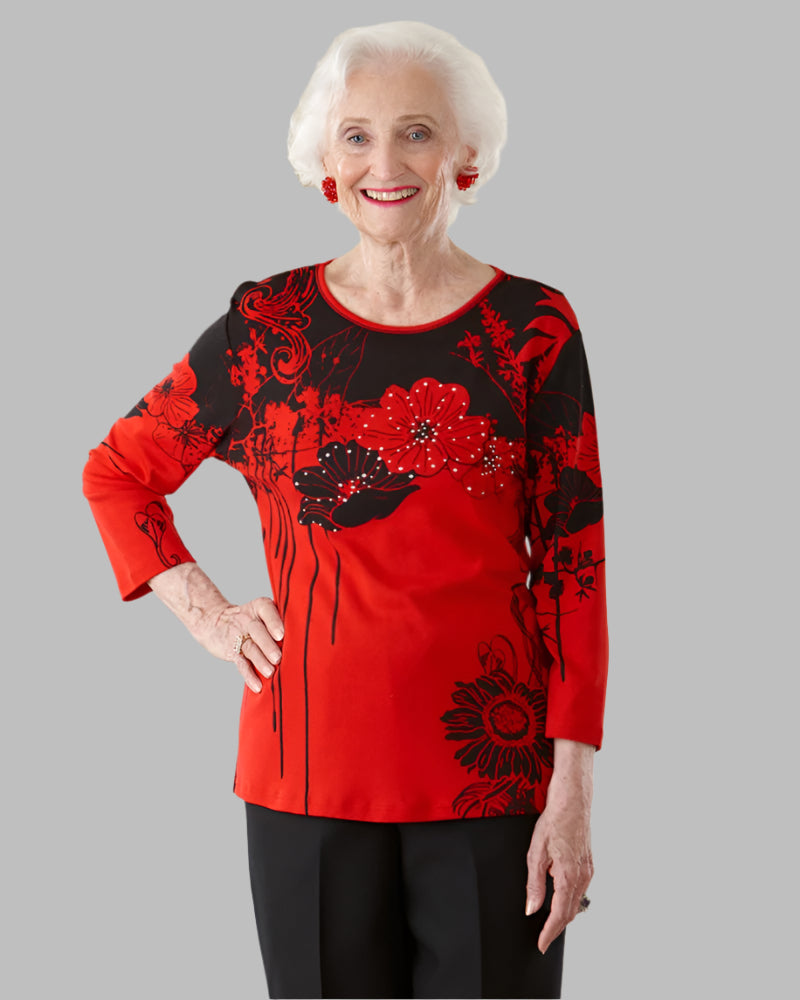 Block Print Knit Top for women by Buck & Buck in Red, and available in different sizes. This tops item is part of our t-shirts collection.