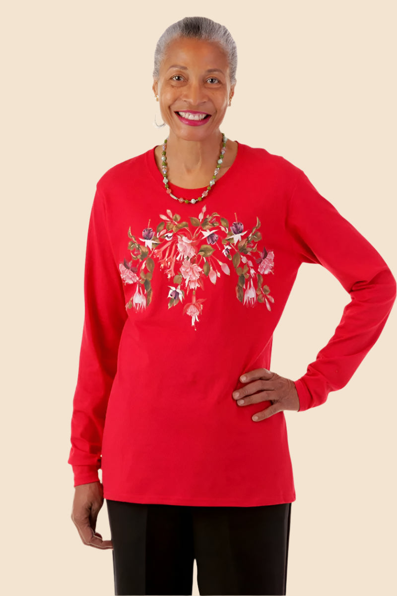 Women's Long Sleeve Printed T-Shirt by Buck & Buck in Purple, and available in different sizes. This tops item is part of our t-shirts collection.