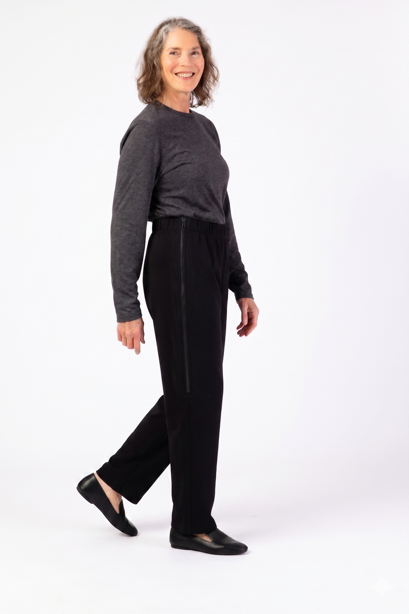 Women's Side-Zip Knit Pants by Buck & Buck in black, and available in different sizes. This bottoms item is part of our pants collection.
