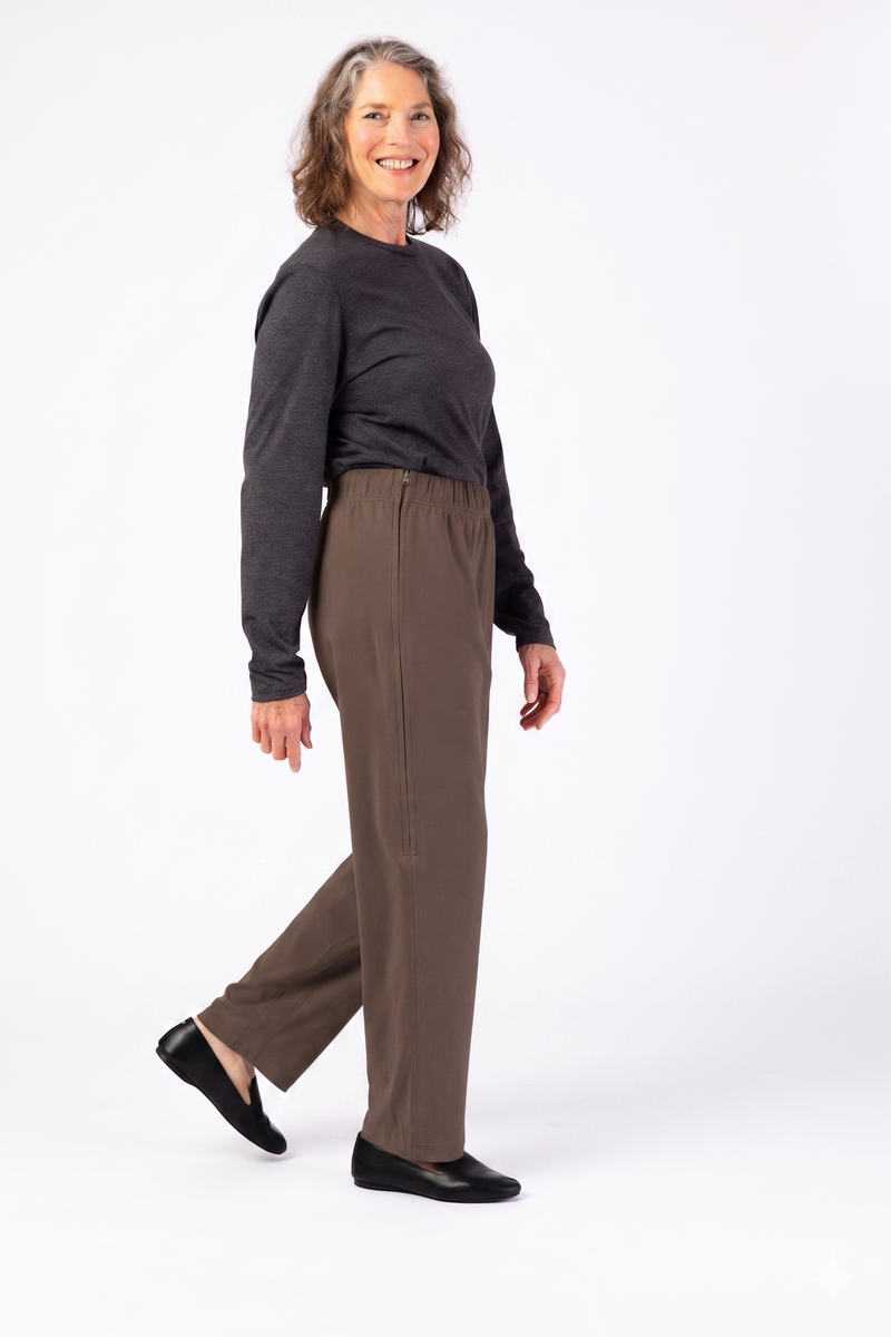 Women's Side-Zip Knit Pants by Buck & Buck in brown and available in different sizes. This bottoms item is part of our pants collection.
