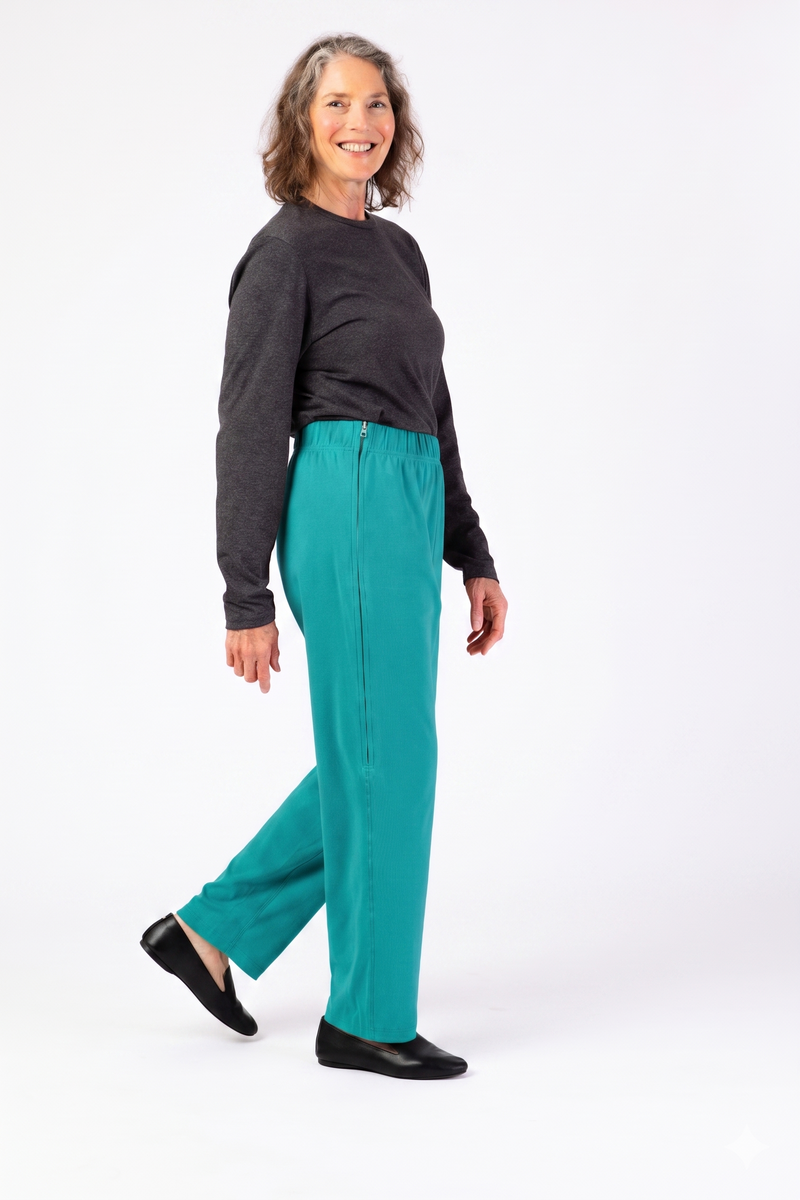 Women's Side-Zip Knit Pants by Buck & Buck in jade, and available in different sizes. This bottoms item is part of our pants collection.