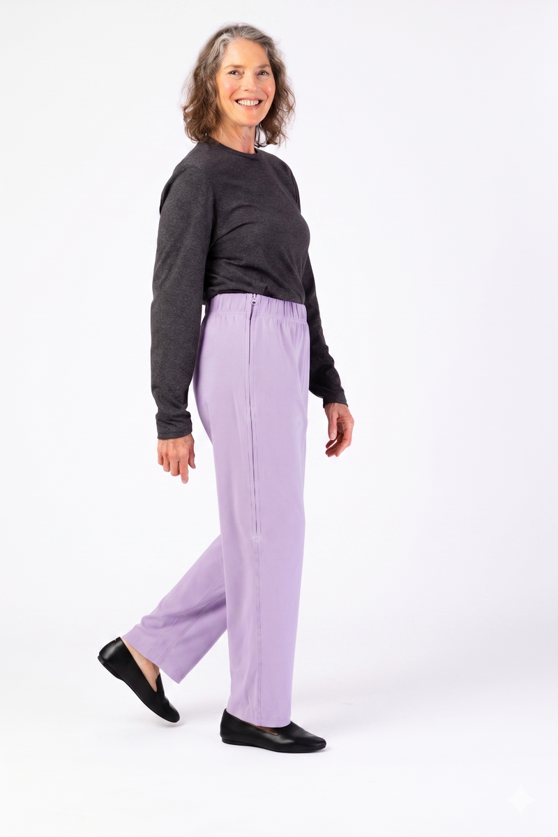 Women's Side-Zip Knit Pants by Buck & Buck in lilac, and available in different sizes. This bottoms item is part of our pants collection.