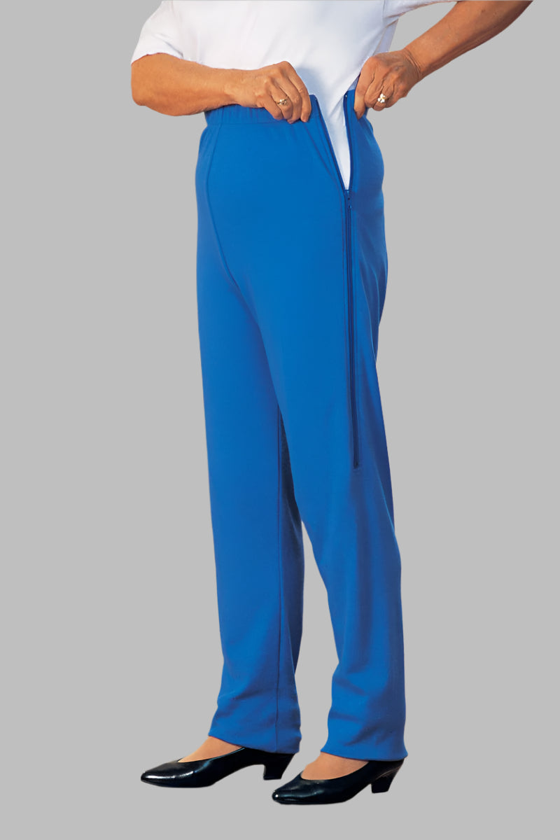 Women's Side-Zip Knit Pants by Buck & Buck in Medium Blue, and available in different sizes. This bottoms item is part of our pants collection.