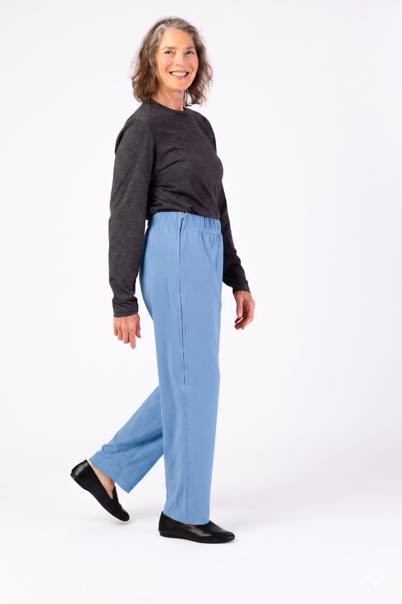 Women's Side-Zip Knit Pants by Buck & Buck in medium blue, and available in different sizes. This bottoms item is part of our pants collection.