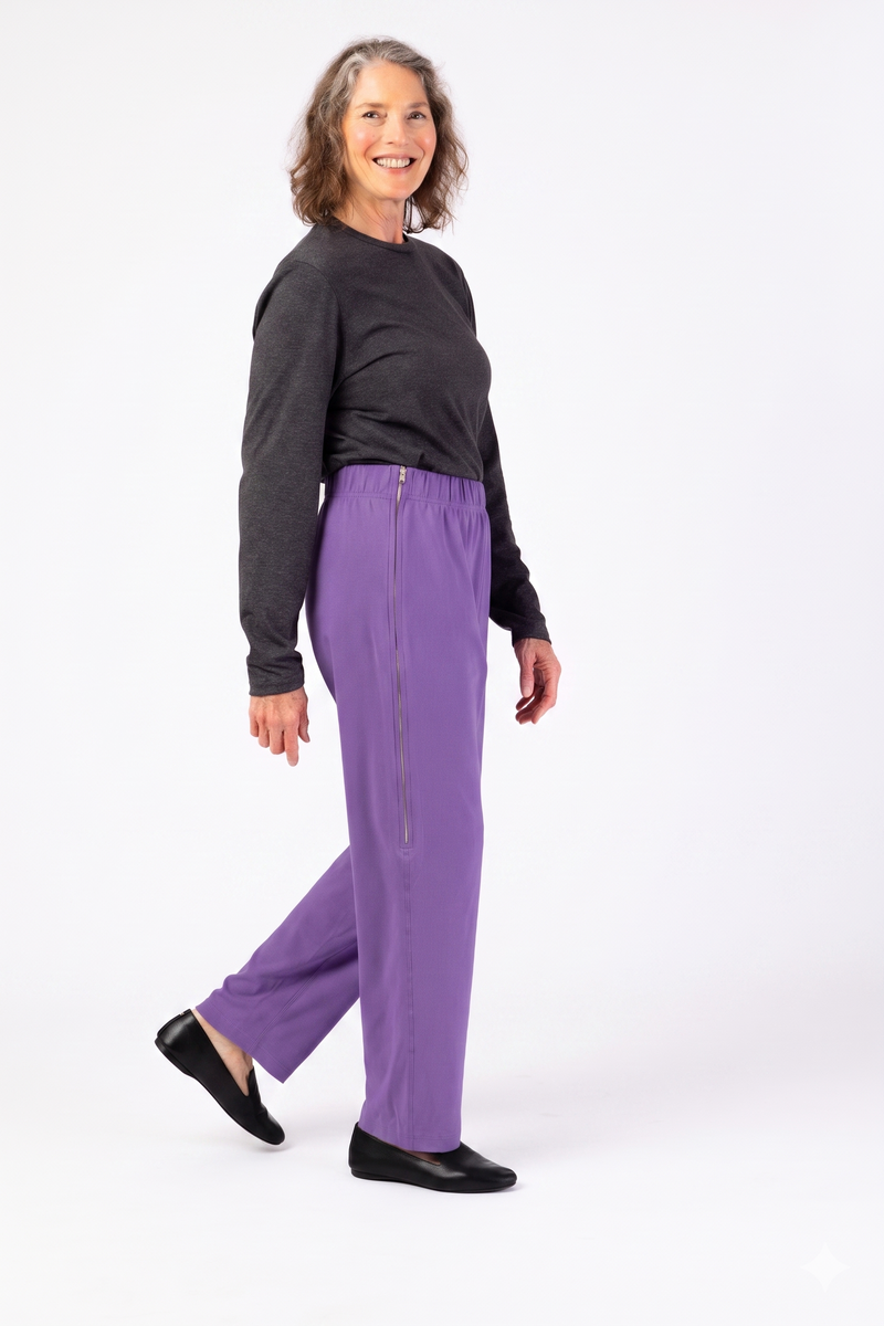 Women's Side-Zip Knit Pants by Buck & Buck in purple, and available in different sizes. This bottoms item is part of our pants collection.