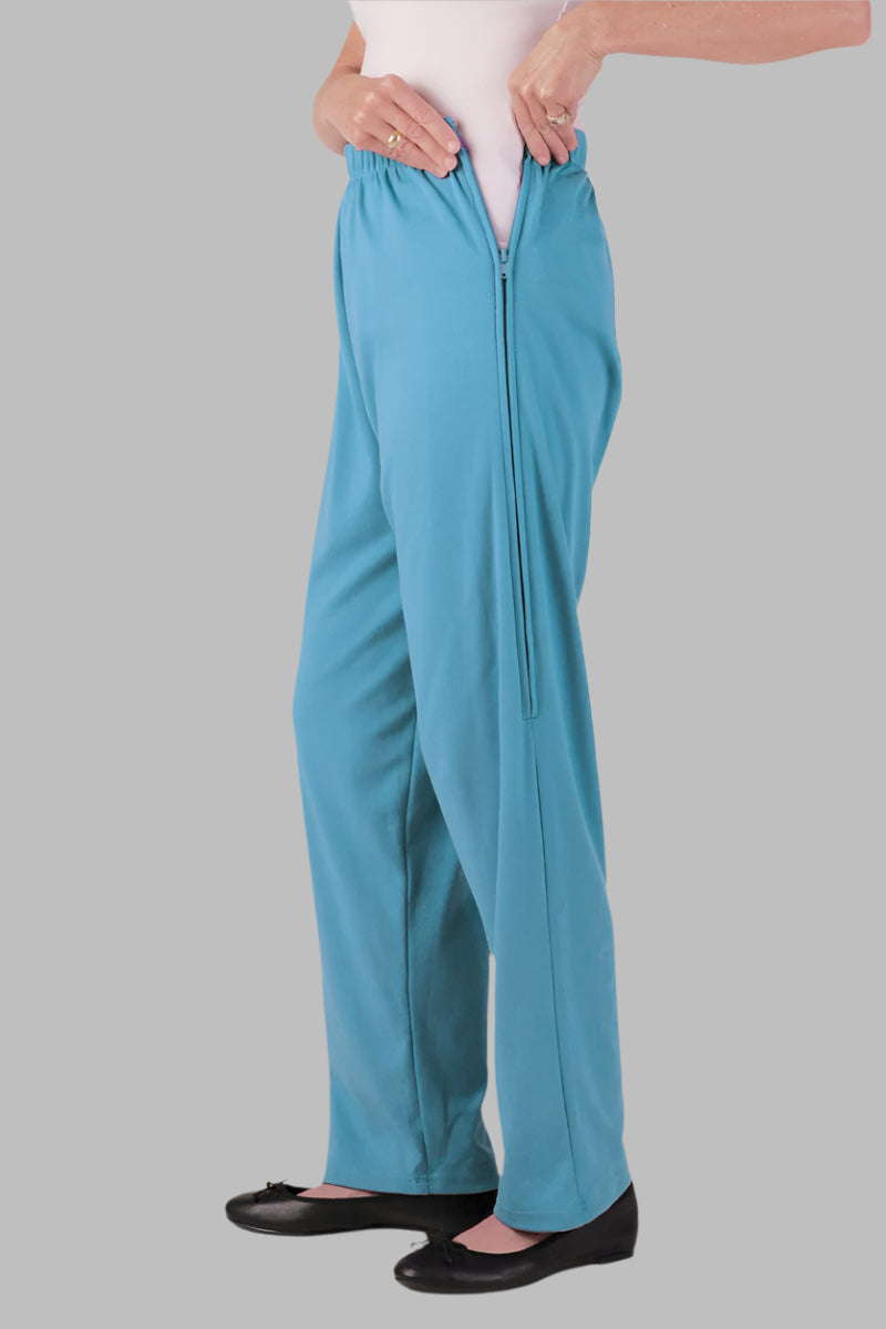 Women's Side-Zip Knit Pants by Buck & Buck in Turquoise, and available in different sizes. This bottoms item is part of our pants collection.