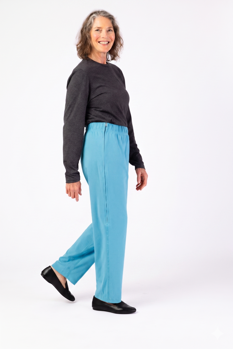 Women's Side-Zip Knit Pants by Buck & Buck in Turquoise, and available in different sizes. This bottoms item is part of our pants collection.