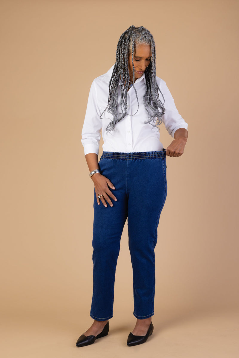 Women's Denim Pull-On Pants by Alfred Dunner in denim, and available in different sizes. This jeans item is part of our bottoms collection.