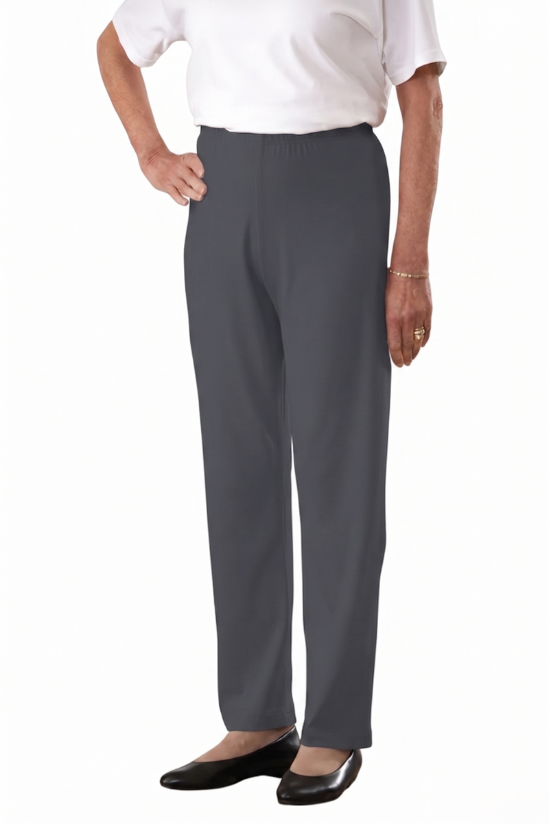 Women's Cotton/Poly Knit Pants by Buck & Buck in charcoal, and available in different sizes. This bottoms item is part of our trousers collection.