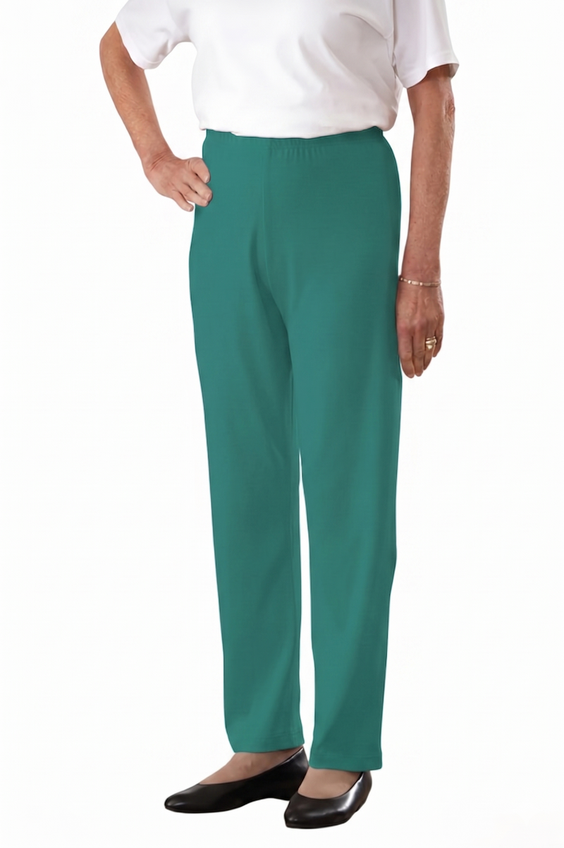 Women's Cotton/Poly Knit Pants by Buck & Buck in jade, and available in different sizes. This bottoms item is part of our trousers collection.