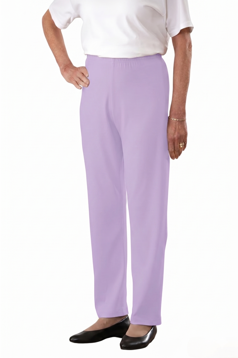 Women's Cotton/Poly Knit Pants by Buck & Buck in lilac, and available in different sizes. This bottoms item is part of our trousers collection.