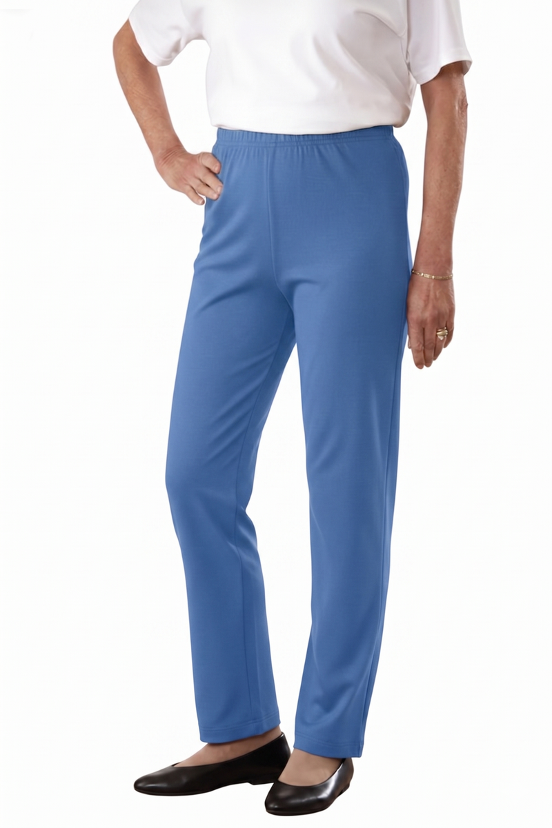 Women's Cotton/Poly Knit Pants by Buck & Buck in medium blue, and available in different sizes. This bottoms item is part of our trousers collection.