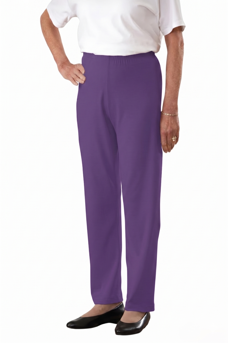 Women's Cotton/Poly Knit Pants by Buck & Buck in purple, and available in different sizes. This bottoms item is part of our trousers collection.