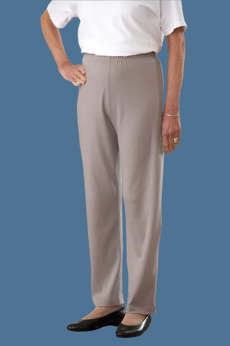 Women's Cotton/Poly Knit Pants by Buck & Buck in Taupe, and available in different sizes. This bottoms item is part of our trousers collection.
